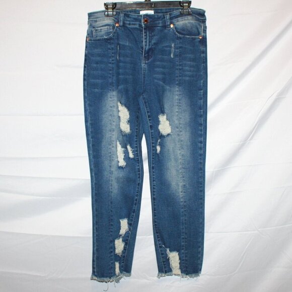 William Rast Denim - William Rast Cropped Straight Leg Distressed Mid-Rise Blue Medium Wash Jeans, 29
